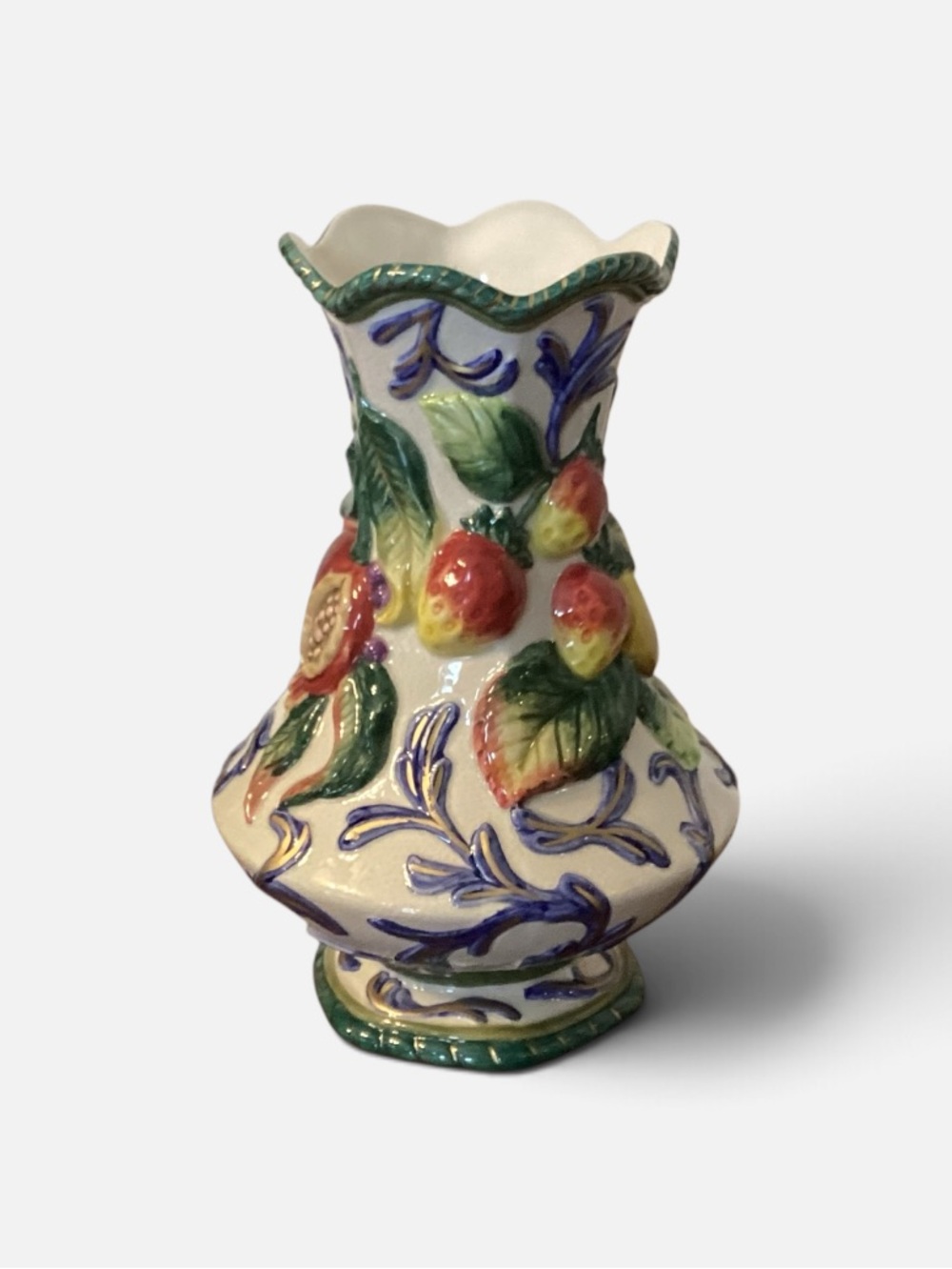 Fitz & Floyd Vintage Florentine Painted Ceramic Fruit Relief Vase